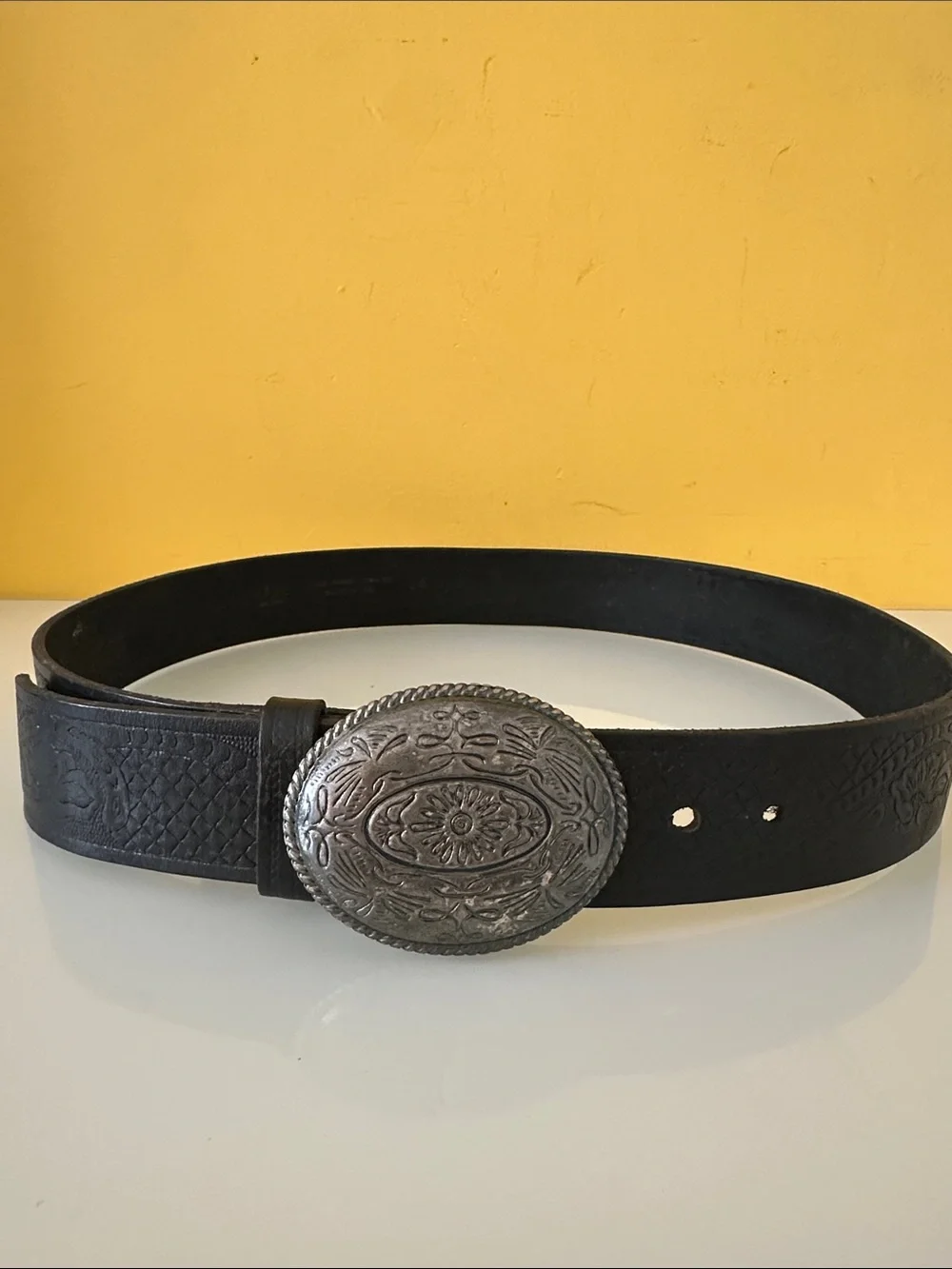 Western Tooled Black Leather Belt with Removable Oval Silver-tone Buckle 34